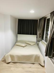 a bedroom with a bed and a window at Apartment City Center in Piteşti
