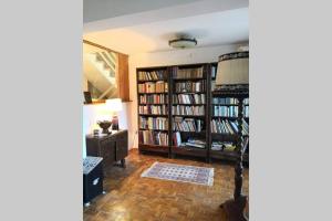 a room with book shelves filled with books at Cherry Tree Villa in Bošnjaci