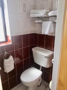 a small bathroom with a toilet and towels at Beach View Bed & Breakfast in Allihies
