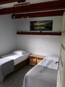 a bedroom with two beds and a painting on the wall at Apartament Fenowe Wzgórze in Stronie Śląskie