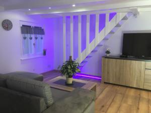 ランゴルサイムにあるAppartement le Nid des Petites Cigognesの紫色の照明と階段のあるリビングルーム