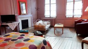 sala de estar con cama y chimenea en Le Pan de Bois, en Bar-sur-Seine