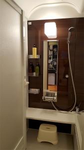 a bathroom with a toilet and a mirror at Hida House in Takayama