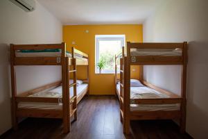 2 stapelbedden in een kamer met een raam bij Hostel Trobenta in Oblak in Portorož