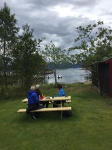 Lavik的住宿－Waerholmen，一群人坐在水边的野餐桌旁