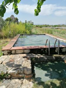 una piscina en un campo con una pared de piedra en Chilliman & Mas Miró Biofarm, en Catllar