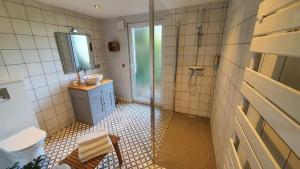 uma casa de banho com um chuveiro, um lavatório e um espelho. em Les Jardins em Hoymille