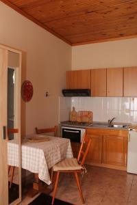 a kitchen with a table and a sink and a refrigerator at Germanos Studios in Kato Loutraki