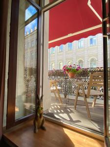 a small rabbit sitting on the floor of a balcony at Galunov Hotel in Saint Petersburg