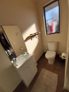 a bathroom with a toilet and a sink and a mirror at Modern BNB unit with Wifi and Breakfast in Greymouth