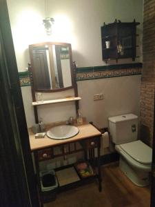 ein Badezimmer mit einem Waschbecken, einem WC und einem Spiegel in der Unterkunft Casa Maldonado in Yátor