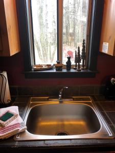 ein Waschbecken in einer Küche mit Fenster in der Unterkunft Mountain-top Cabin Get-away with Hot tub and a View in Sautee Nacoochee