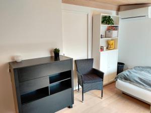Schlafzimmer mit einem Schreibtisch, einem Stuhl und einem Bett in der Unterkunft Hedegaard Anneks Skærbæk in Herning