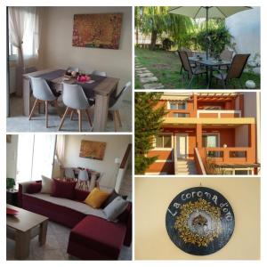 a collage of pictures of a living room and dining room at La Corona d' oro in Kanoni