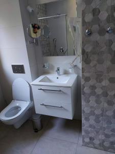 a bathroom with a white sink and a toilet at Apartament Snow White in Karpacz
