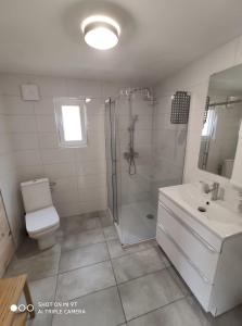 een badkamer met een douche, een toilet en een wastafel bij LEŚNA OSTOJA in Rewal
