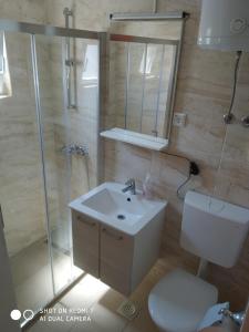 ein Bad mit einem WC, einem Waschbecken und einer Dusche in der Unterkunft Apartmani Glavina in Zaostrog