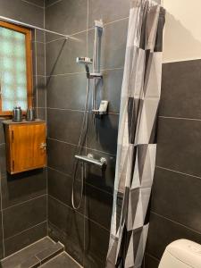 La salle de bains est pourvue d'une douche et de toilettes. dans l'établissement Guesthouse Jensen Aarhus, à Risskov
