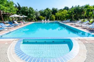 a large swimming pool with lounge chairs and trees at Artemis Studios - Pool and garden in Koskinou