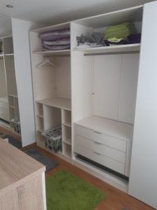 Neuweiler的住宿－Hochwertige und moderne Ferienwohnung Huber，衣柜配有白色橱柜和绿色地毯