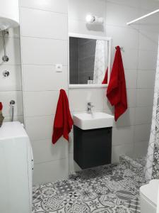 een witte badkamer met een wastafel en een spiegel bij BLUE DANUBE in Belgrado