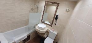 a bathroom with a toilet and a sink and a mirror at Hôtel des Pyrénées - Entre Bastille et Nation in Paris