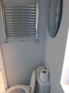 a small bathroom with a toilet and a mirror at Hanwell House in Liverpool