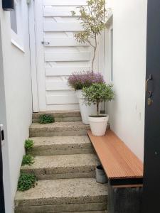 a stairway with two potted plants and a door at Oranje Nassau aan Zee Studio in Zandvoort