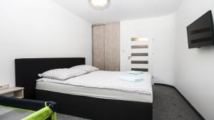 a small bedroom with a bed and a television at Lesna Dreams Apartament in Pobierowo +13 photos