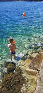 a boy in the water playing with a frisbee at Apartment Nono Ivo in Vis