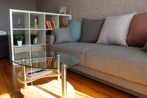 sala de estar con sofá y mesa de cristal en Crystal Apartment, en Riga
