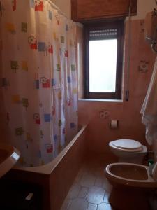 y baño con aseo y cortina de ducha. en Acquamarine, en Marina di Fuscaldo