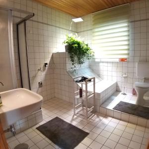 a bathroom with a tub and a sink and a toilet at Apartment in Historic Town House in Gmunden