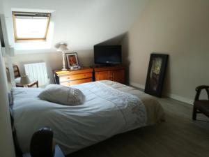 a bedroom with a bed and a television in it at maison de vacances baie du Mont Saint Michel in Dol-de-Bretagne