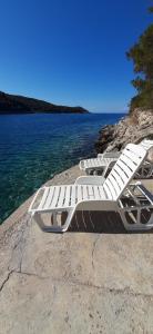 two white lounge chairs sitting on a rock near the water at Apartment Nono Ivo in Vis