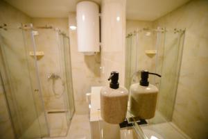 a bathroom with a shower and a sink with two soap dispensers at AMETIST10 in Zlatibor +34 photos