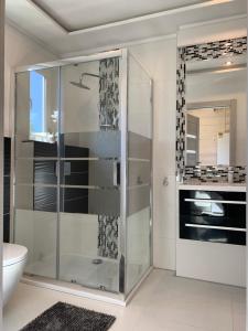 a bathroom with a glass shower stall and a toilet at Villa Daglezja VIP in Kołczewo +48 photos