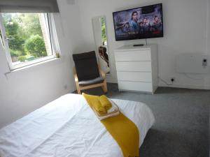 1 dormitorio con 1 cama y TV de pantalla plana en Paisley Central Apartment #4, en Paisley