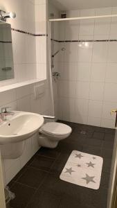 ein Badezimmer mit einem weißen WC und einem Waschbecken in der Unterkunft Ferienwohnung in weißer Villa am Kliff in Flensburg