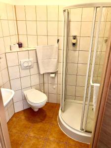 a bathroom with a toilet and a shower stall at Hotel Norbit in Grodzisk Mazowiecki