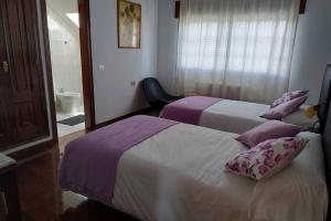 Habitación de hotel con 2 camas con almohadas moradas en Milanabonita en Monforte de Lemos