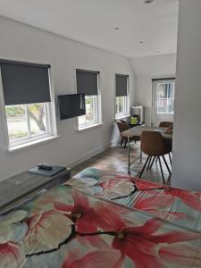een woonkamer met een groot tapijt op de vloer bij Gastenverblijf 't Oelengoor in Sinderen