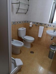 a bathroom with a toilet, sink, and mirror at Hostal Carbonara in A Coruña