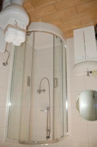 W łazience znajduje się prysznic ze szklanymi drzwiami. w obiekcie Dom nad morzem Sosenka w mieście Mielenko