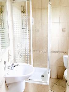 a bathroom with a sink and a shower and a toilet at Oberża Złota Gęś in Siewierz