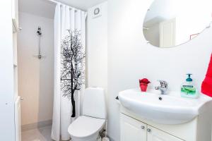 a bathroom with a sink and a toilet and a mirror at In the heart of Tórshavn in Tórshavn +2 photos
