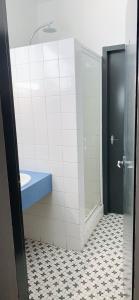 a bathroom with a shower and a sink and a toilet at Elm Motel in Bendigo