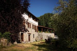 an old stone building with trees and a building at MULINO VECCHIO in Minucciano