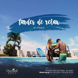 ein Flyer für ein Strandresort mit einem Paar im Wasser in der Unterkunft Hotel Paradise Beach in Playas