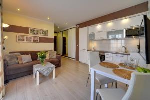 a kitchen and living room with a couch and a table at Apartamenty Sun Seasons 24 - Izery in Świeradów-Zdrój